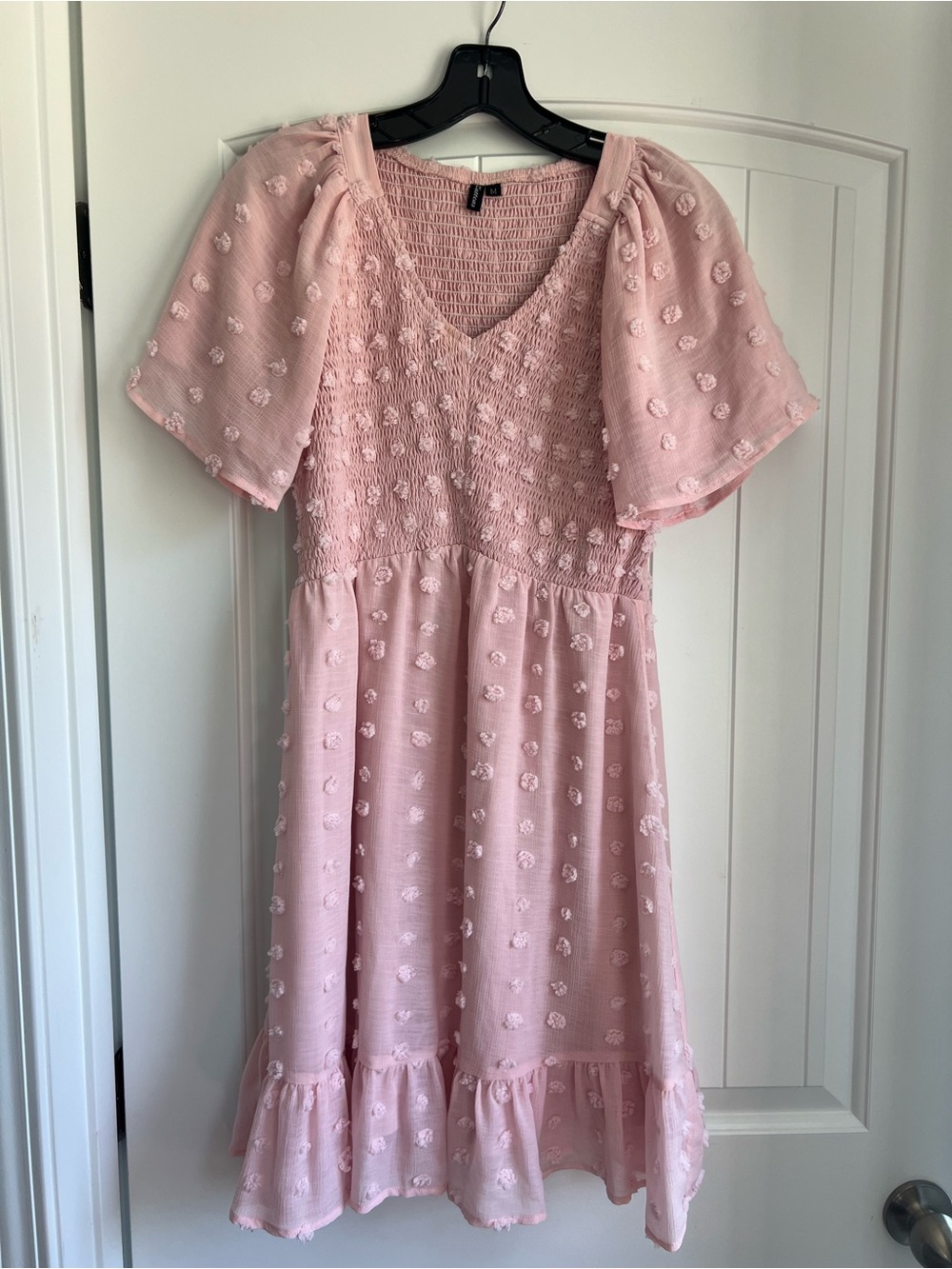 Women's Pink Textured Puff-Sleeve Casual Dress
